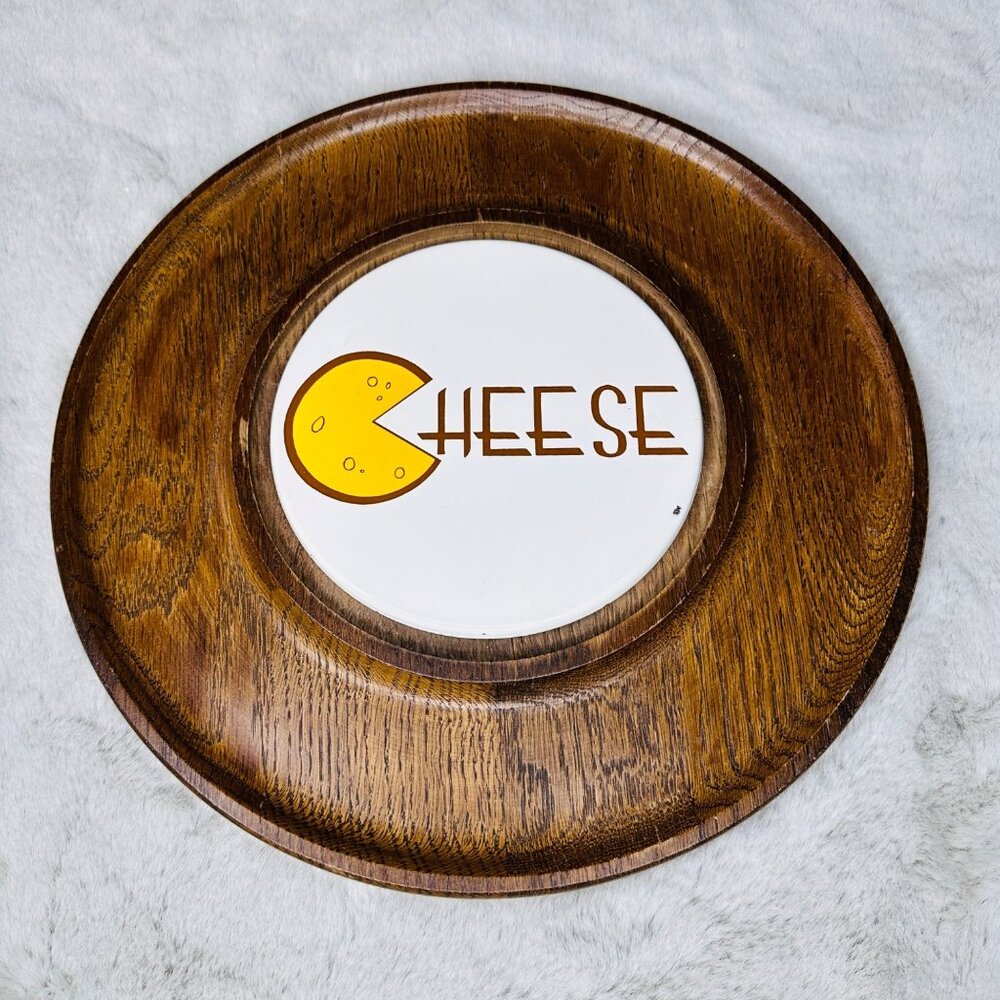 Vintage MCM Wooden Cheese Board Cheese Ceramic Inlay Hardwood 12" Heavy